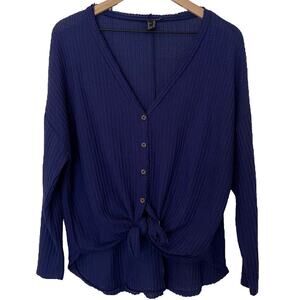 Forever 21 Women's Blue Waffle Knit Front Tie Long Sleeve Top Size Medium